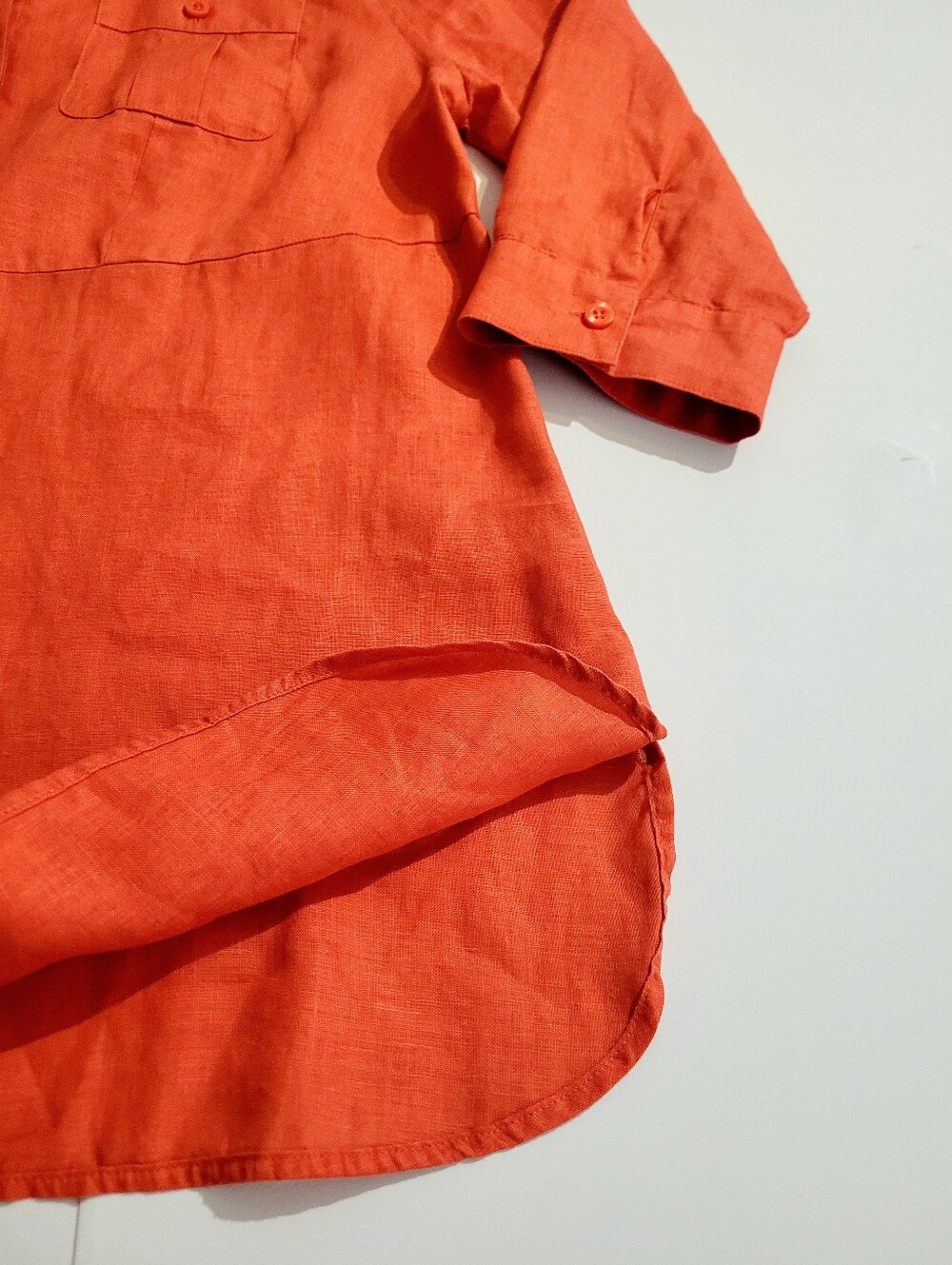 Chico's 100% Linen Tunic Shirt Petite Size 8/10 Orange Button Front Roll Tab Top - Picture 11 of 11